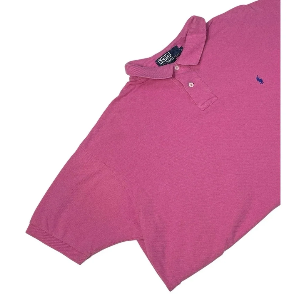 Vintage Polo Ralph Lauren Pink Polo Shirt USA Made Cotton Navy Pony Logo XL Prep